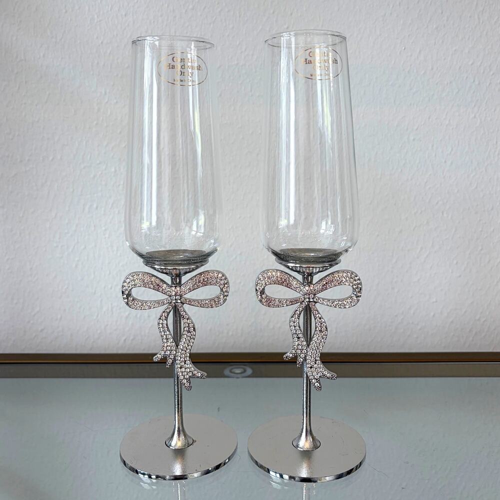 Set of 2 Coquette Silver Rhinestone Bow Champagne Flutes Holiday Glam VIRAL New